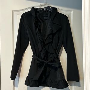 Cynthia Rowley short black trench coat with ruffled opening..
